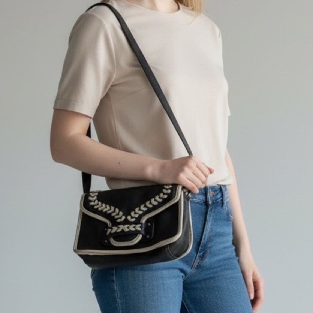 orYANY Black Cream Whipstitch Leather Crossbody Bag Shoulder bag